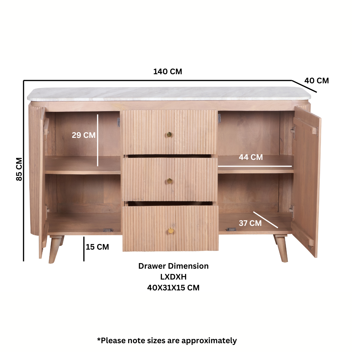 Ashford Natural Marble & Wood Extra Large Sideboard | 3 Drawers & 2 Doors