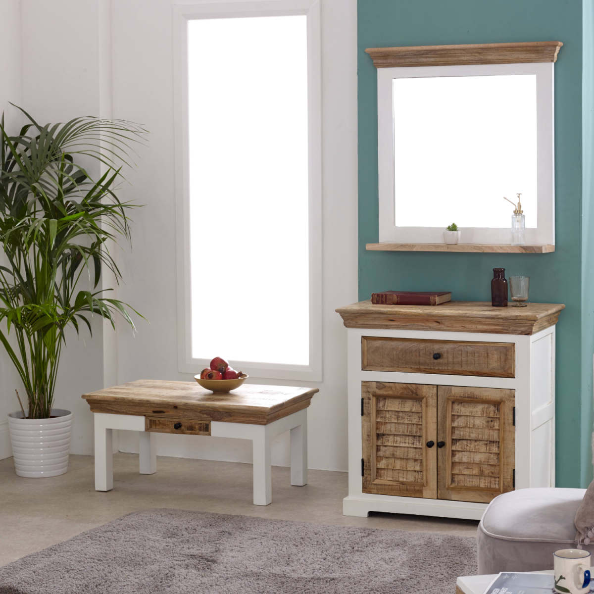 Solid mango wood Alfie coffee table with integrated drawer, showcasing a stylish modern design for home and kitchen use.