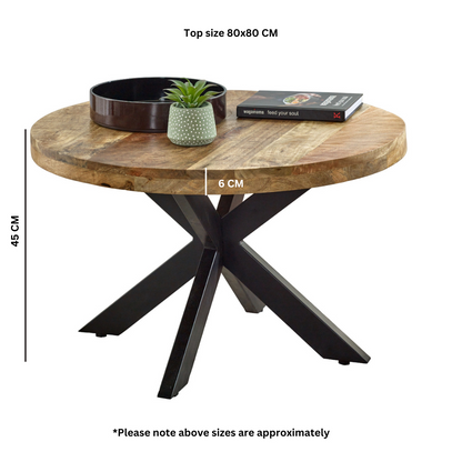InStock Surrey solid wood coffee table with metal spider legs, showcasing a modern, natural wood finish and unique metal leg design.