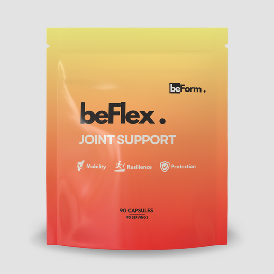 beForm Nutrition beFlex Joint Support supplement showing capsules in a clear container, designed for joint care and mobility support