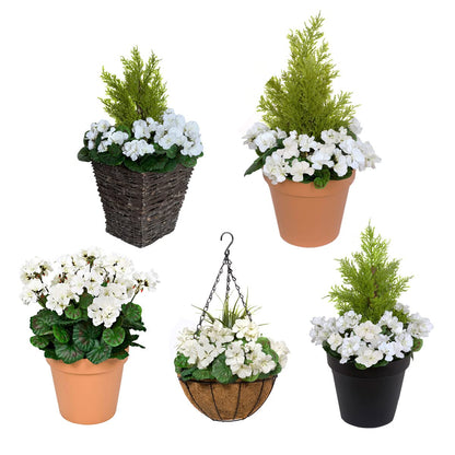 Set of two GreenBrokers 52cm artificial round coir hanging planters with white geraniums, perfect for outdoor decoration.