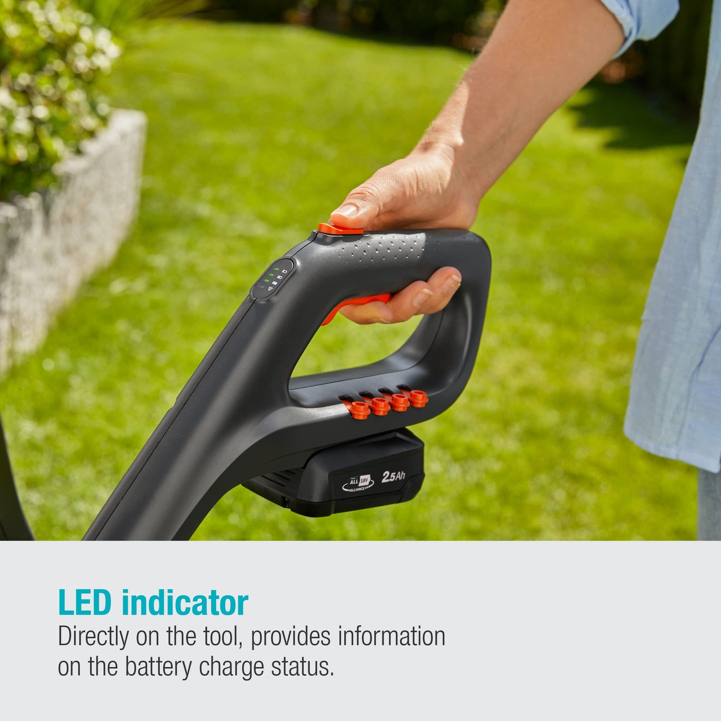 Battery trimmer by Gardena with 23/18V power and 230mm cutting width, suitable for lawn trimming and garden maintenance.