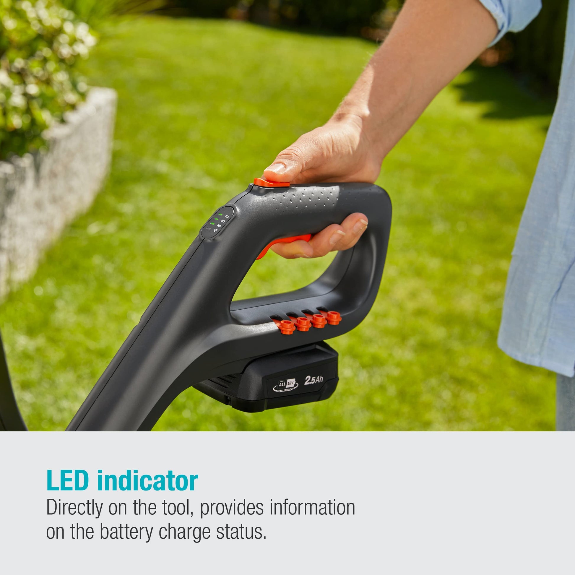 Battery trimmer by Gardena with 23/18V power and 230mm cutting width, suitable for lawn trimming and garden maintenance.