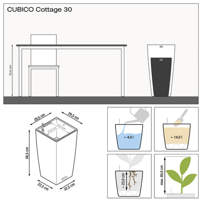 Lechuza CUBICO Cottage 30 self-watering planter in white with a modern design for flowers and plants.