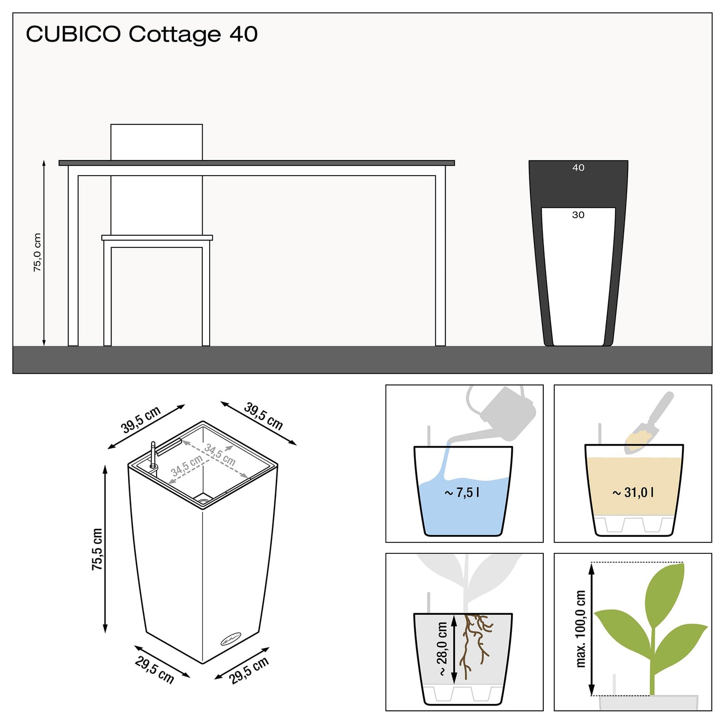 Lechuza CUBICO Cottage 40 self-watering planter in a flower pot with a modern design and natural wood finish.