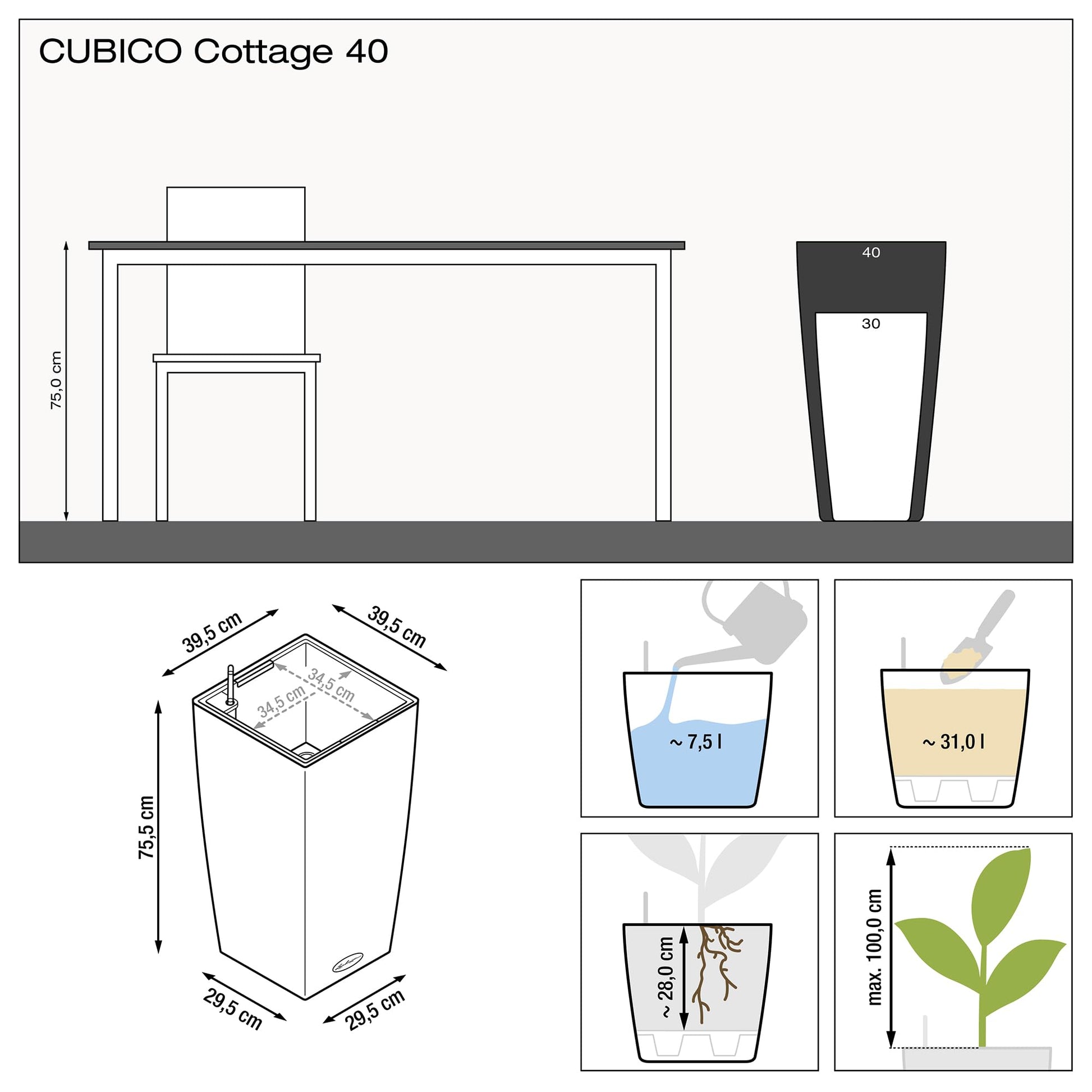 Lechuza CUBICO Cottage 40 self-watering planter in a flower pot with a modern design and natural wood finish.