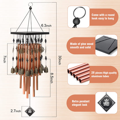 Bronze Memorial Wind Chimes with 28 tubes, 30-inch length, featuring a soothing sound and decorative design.