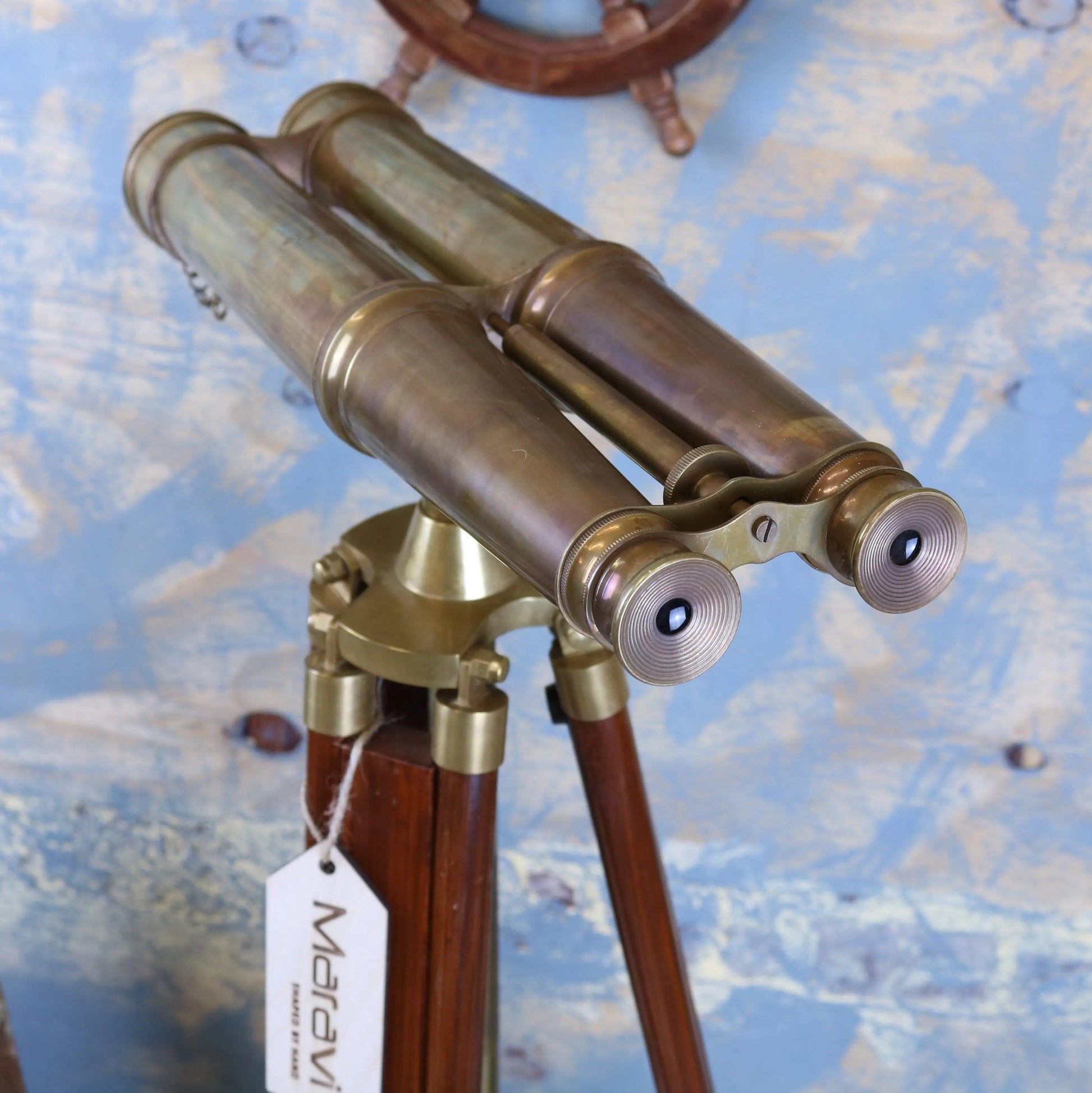 Vintage Mowai binoculars ornament on tripod by Maravi, decorative antique-style binoculars for display.
