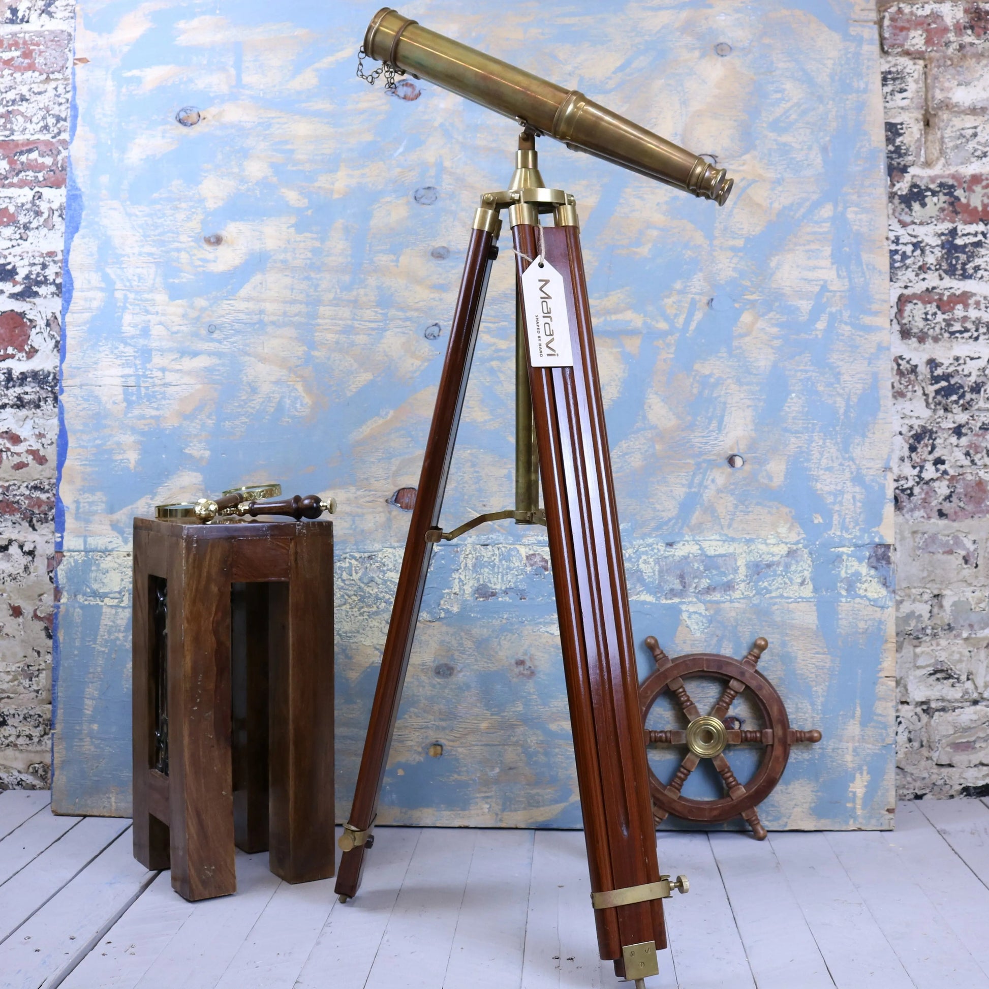 Vintage Mowai binoculars ornament on a tripod by Maravi, detailed decorative piece with intricate design and antique finish.
