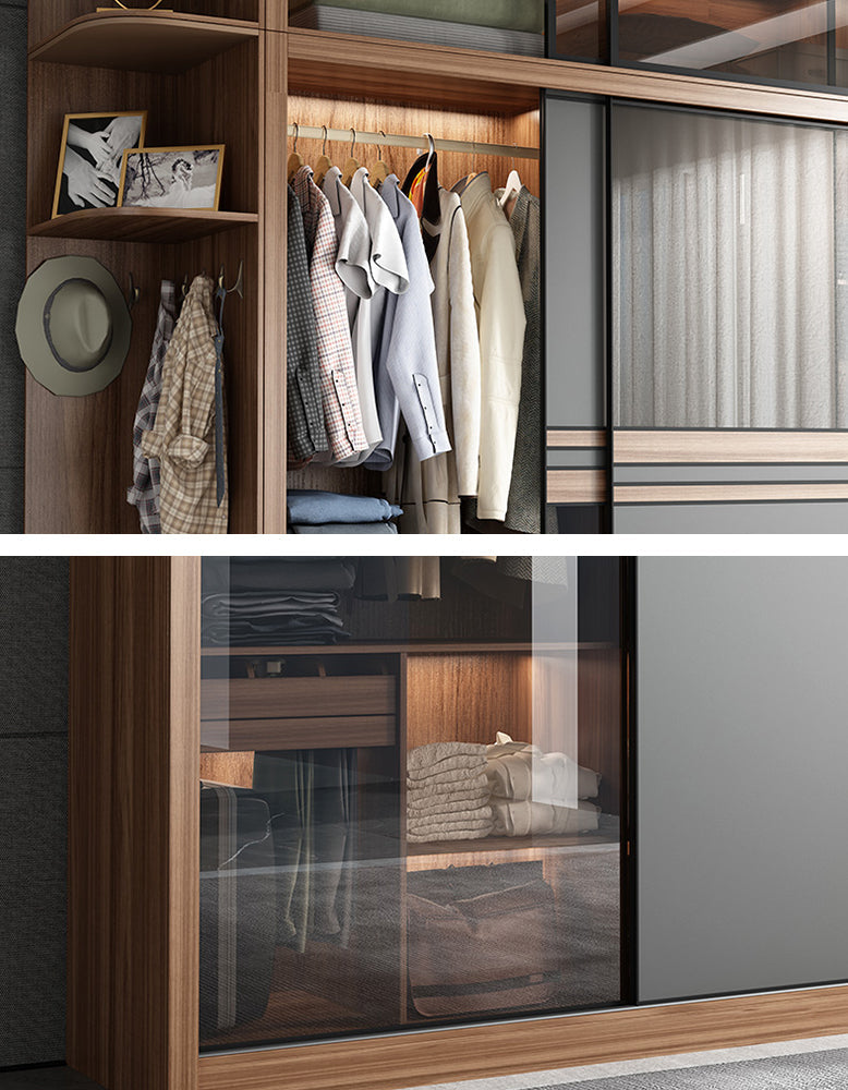 Ueda double sliding door wardrobe with integrated lights, wooden finish, featuring sleek sliding doors and modern design by DC Concept