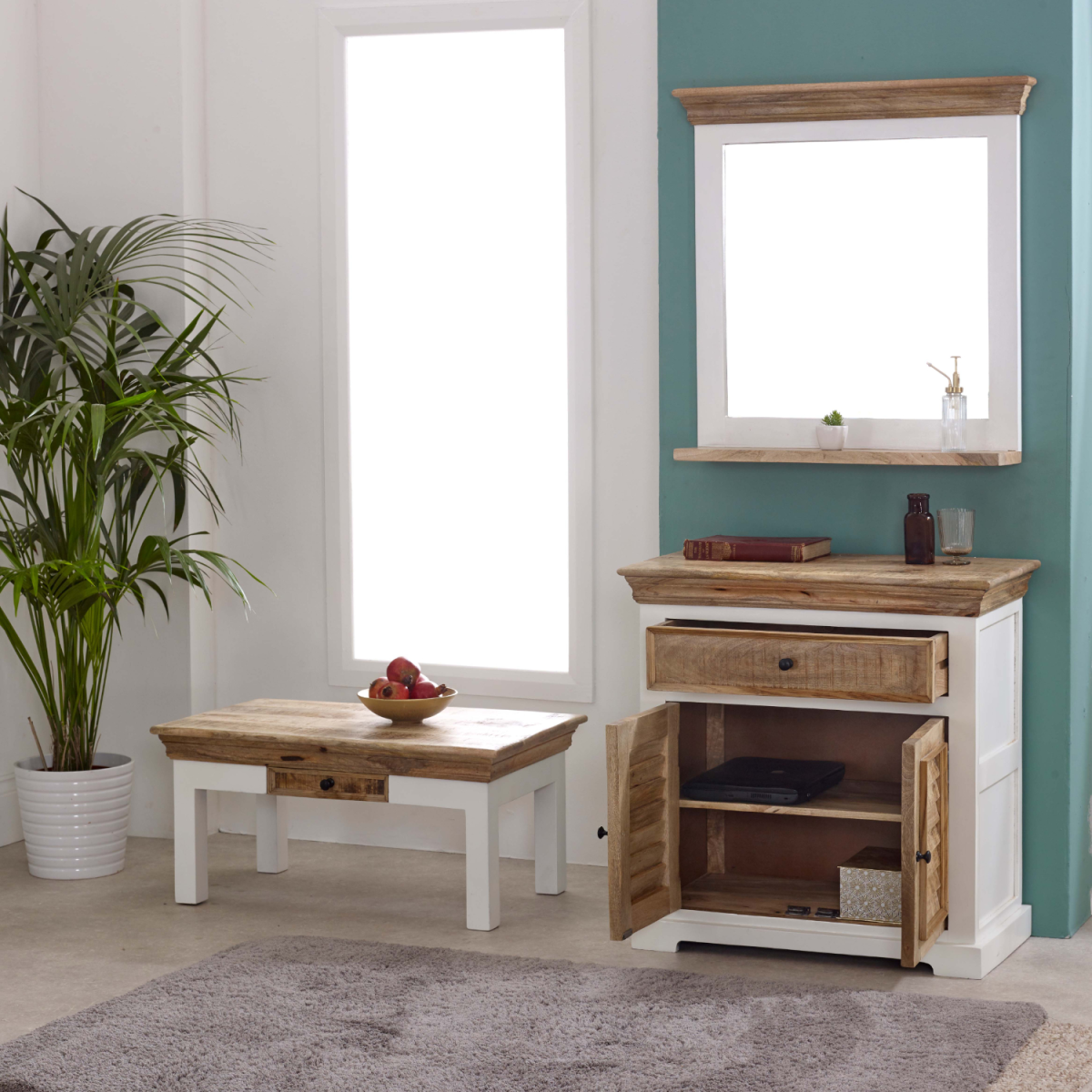 Alfie coffee table with drawer made of solid mango wood, showcasing its natural finish and sturdy construction for home decor.