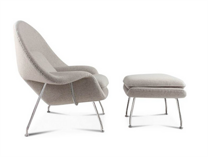 Womb Style Chair & Ottoman In Premium Velvet or Linen, White