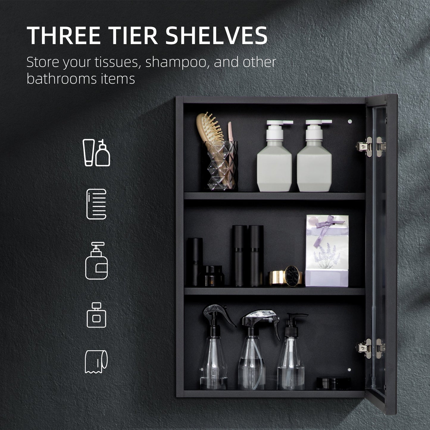 Wall-mounted black bathroom mirror cabinet with storage shelves, 40x12x60 cm, by Wise Galleria.