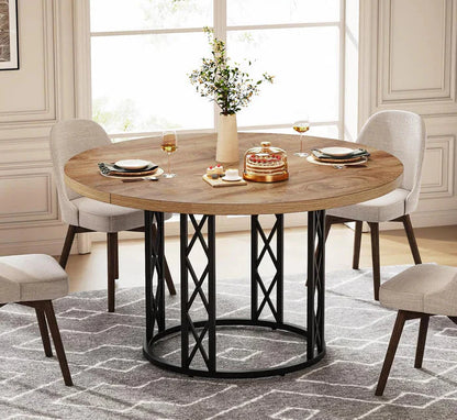 Industrial Round Dining Table with Rustic Wood Top & X-Frame Metal Base, Modern Farmhouse Kitchen Table for Dining Room