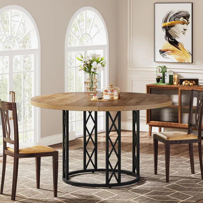 Industrial Round Dining Table with Rustic Wood Top & X-Frame Metal Base, Modern Farmhouse Kitchen Table for Dining Room