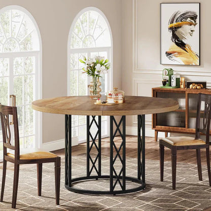 Industrial Round Dining Table with Rustic Wood Top & X-Frame Metal Base, Modern Farmhouse Kitchen Table for Dining Room