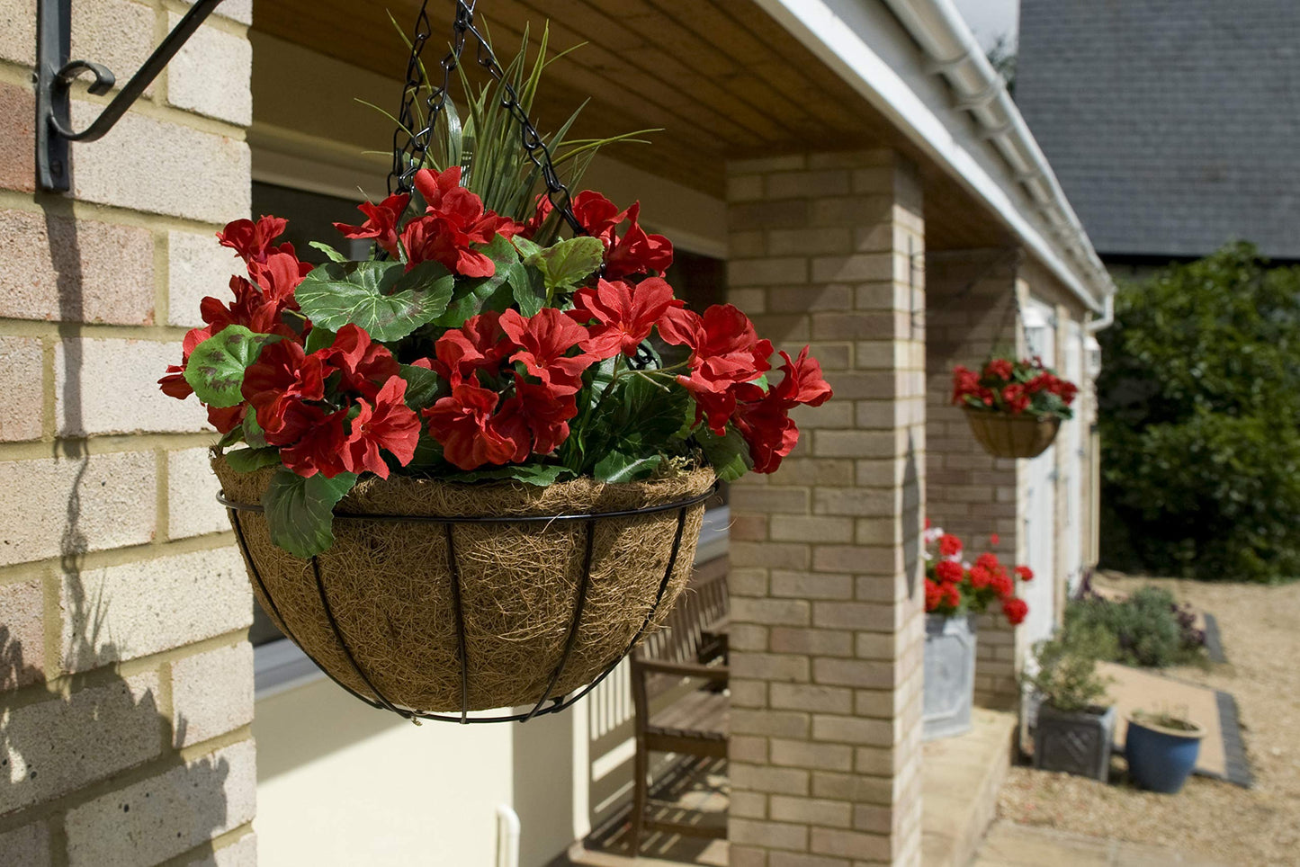 Pair of GreenBrokers 2X artificial round coir hanging planters with white geraniums, 52cm size, perfect for garden decor.
