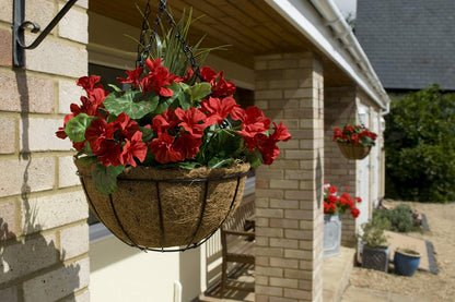 Pair of GreenBrokers 2X artificial round coir hanging planters with white geraniums, 52cm size, perfect for garden decor.