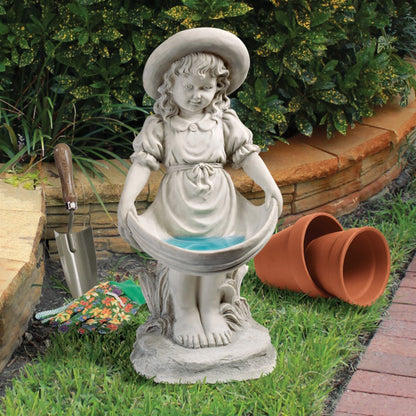 Design Toscano Sophie in her Sundress Garden Statue Bird Bath Feeder, 53.5 cm, Polyresin, Antique Stone
