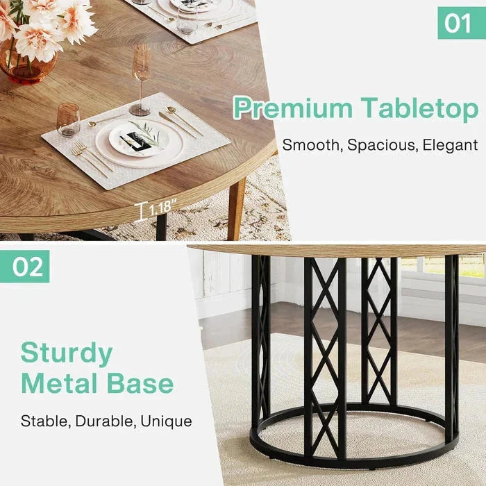 Industrial Round Dining Table with Rustic Wood Top & X-Frame Metal Base, Modern Farmhouse Kitchen Table for Dining Room