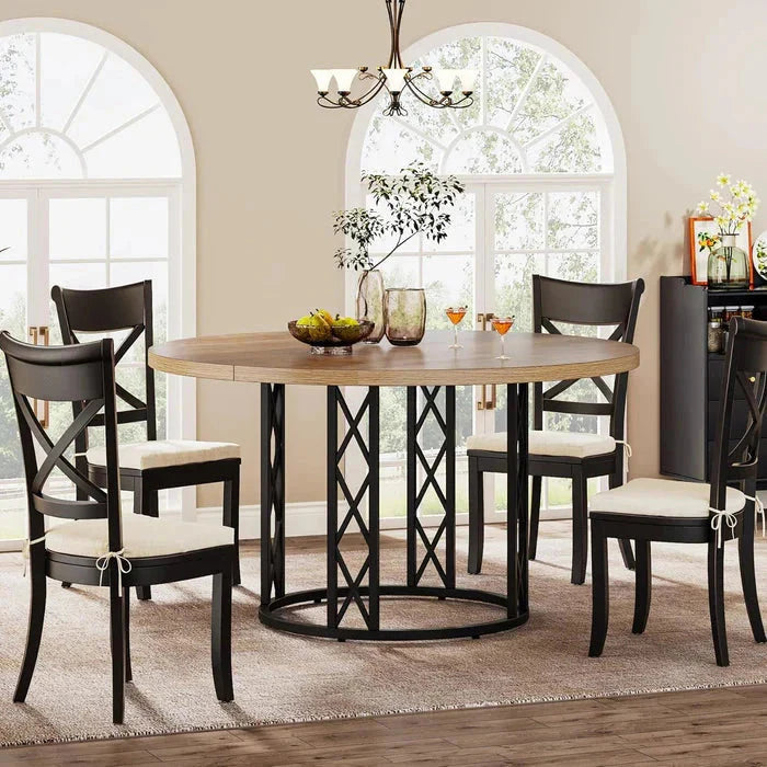 Industrial Round Dining Table with Rustic Wood Top & X-Frame Metal Base, Modern Farmhouse Kitchen Table for Dining Room