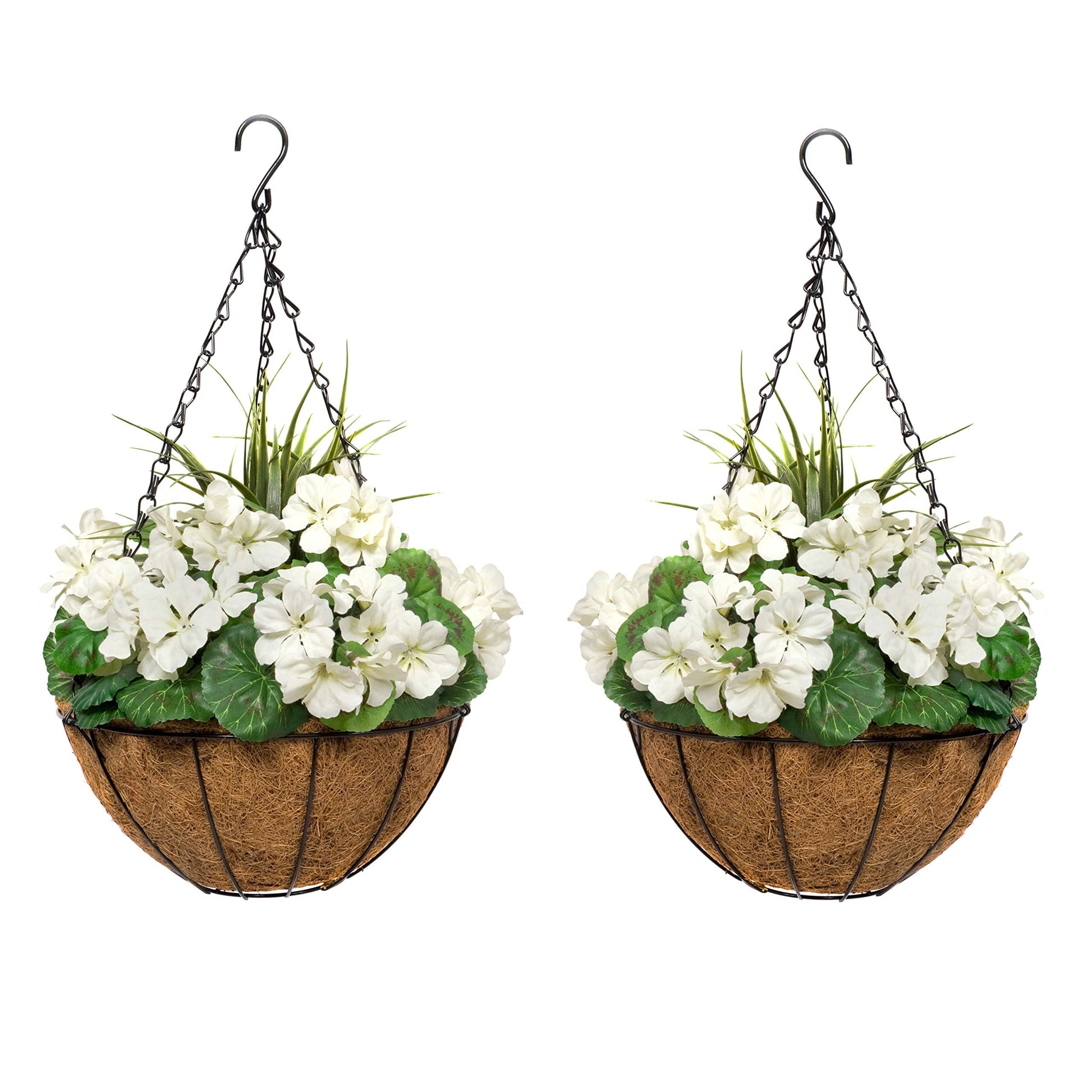Set of two GreenBrokers 52cm artificial round coir hanging planters with white geraniums, designed for decorative outdoor or indoor use.