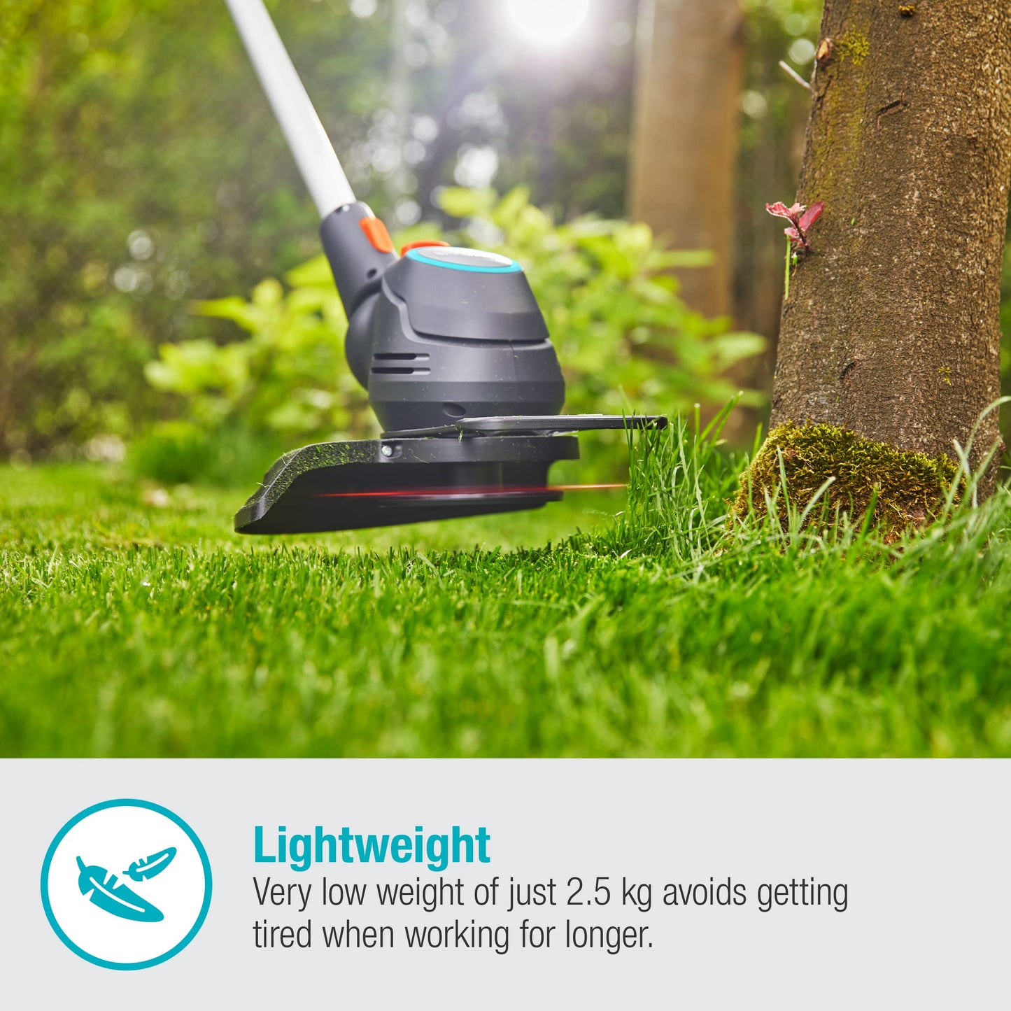 Battery trimmer Gardena 23/18V with 230mm cutting blade, lawn mower accessory, shown in use on a garden lawn.