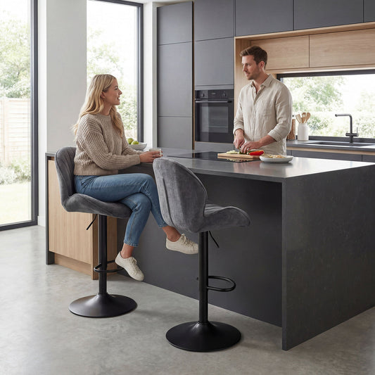 Pair of Wise Galleria grey swivel kitchen barstools with back support, adjustable height, footrest, ideal for modern kitchen seating