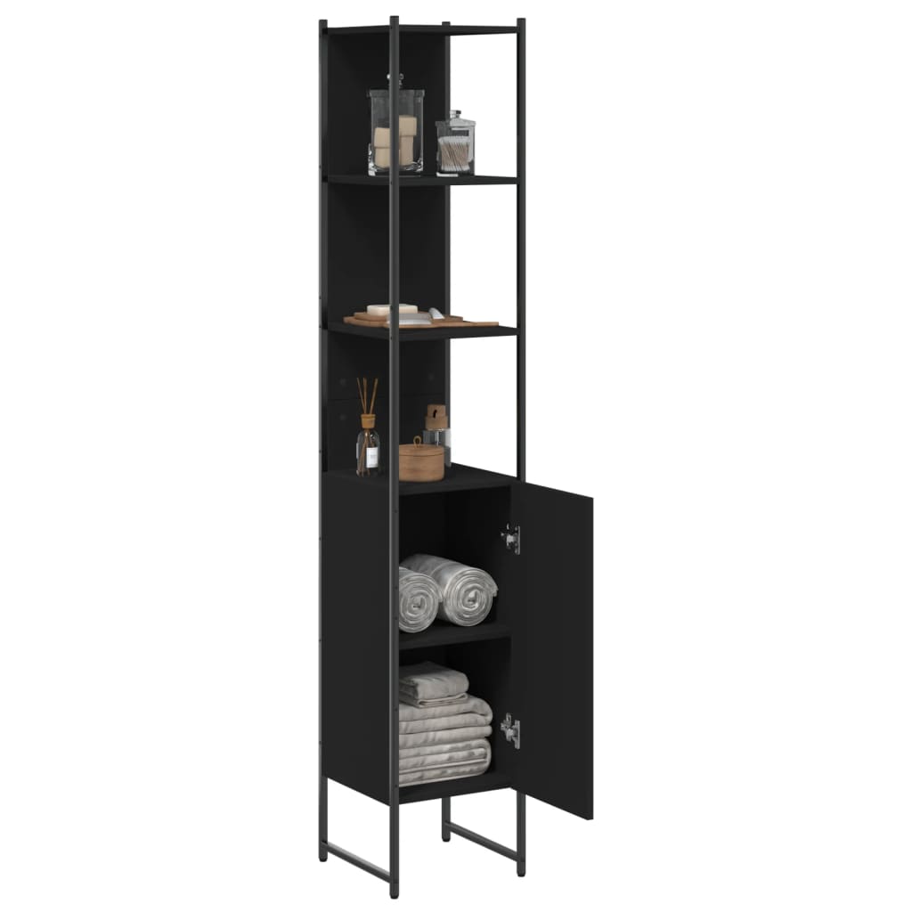 Black bathroom vanity cabinet made of engineered wood, measuring 33x33x185.5 cm, with sleek modern design and storage space.