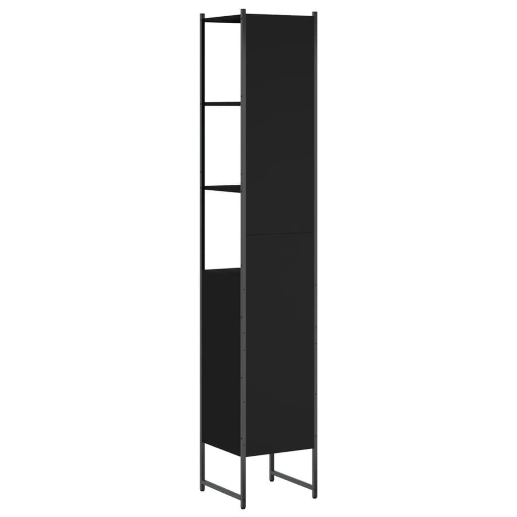 Black bathroom vanity cabinet made of engineered wood, 33x33x185.5 cm, featuring sleek design and storage space.