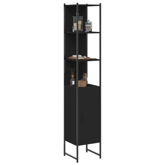 Black bathroom vanity cabinet made of engineered wood, 33x33x185.5 cm, with storage compartments and modern design.