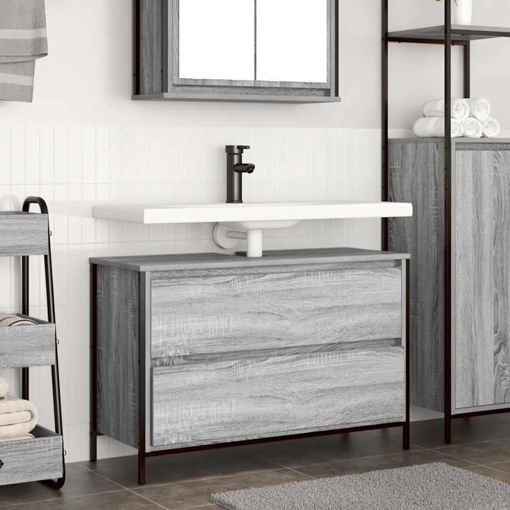 Grey Sonoma bathroom vanity unit with drawers, 90x34.5x60 cm, featuring a sleek modern design and spacious storage.