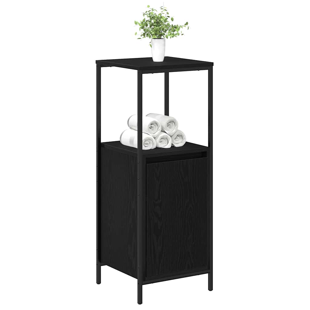Black oak bathroom cabinet with shelves, 36x35x95 cm, from BeerHub bathroom vanity units, showing storage and sleek design.