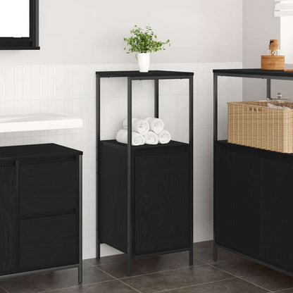 Black oak bathroom cabinet with shelves, 36x35x95 cm, part of BeerHub's bathroom vanity units, featuring sleek storage design.