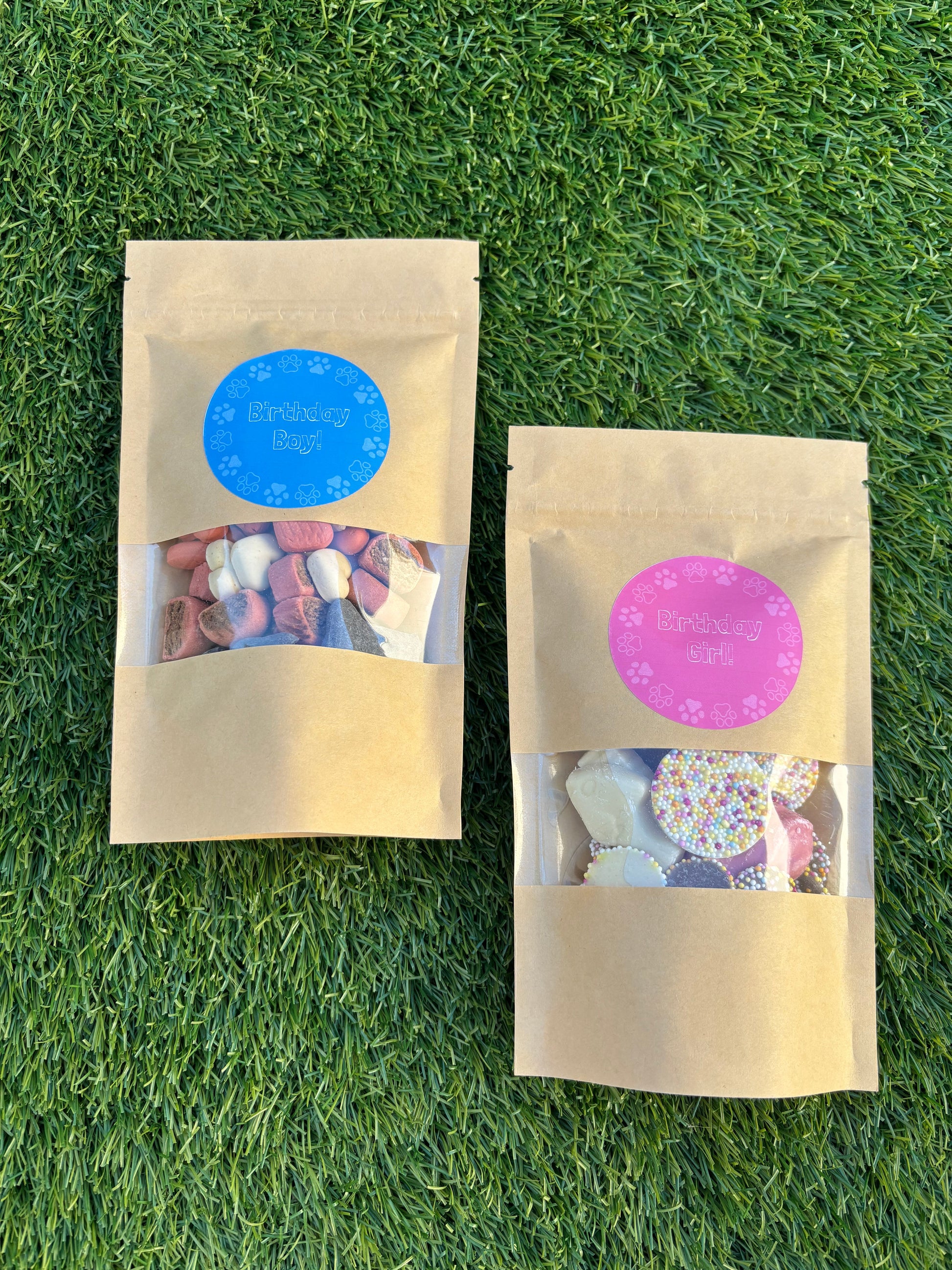Assorted Happy Barkday Treat Pick n Mix chocolate treats for dogs in a 150g bag, from The Bonnie Hound, with colorful packaging and treats inside.