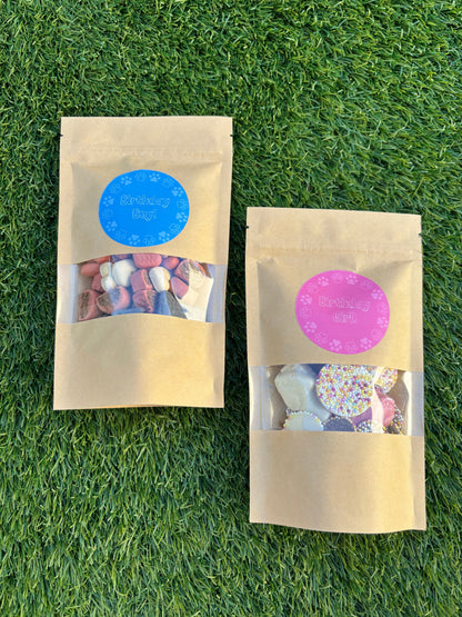 Assorted Happy Barkday Treat Pick n Mix chocolate treats for dogs in a 150g bag, from The Bonnie Hound, with colorful packaging and treats inside.