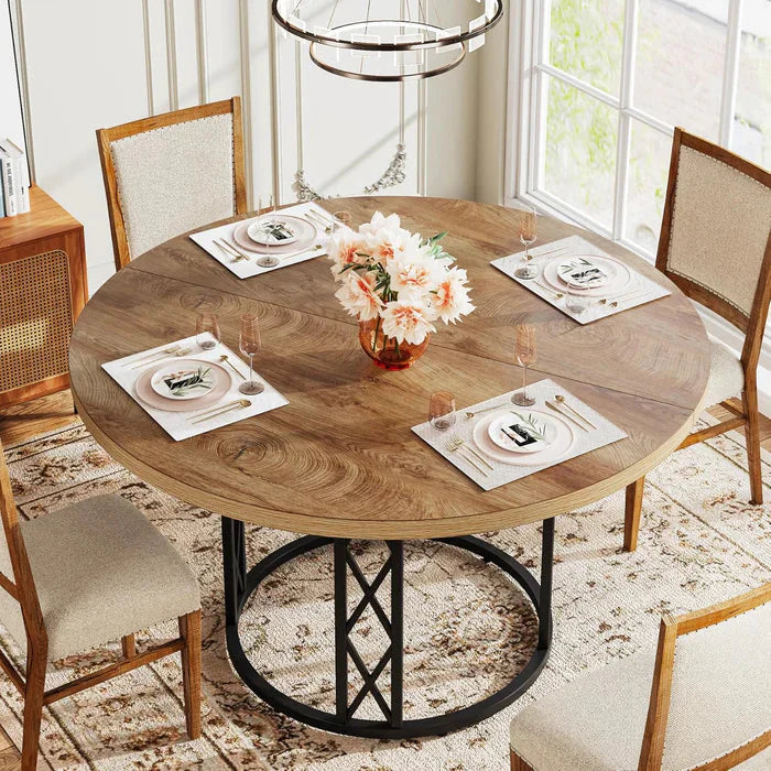 Industrial Round Dining Table with Rustic Wood Top & X-Frame Metal Base, Modern Farmhouse Kitchen Table for Dining Room
