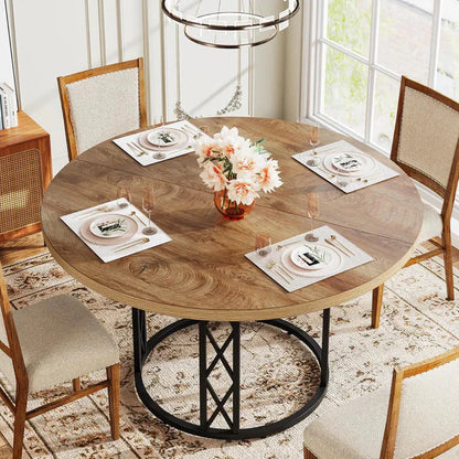 Industrial Round Dining Table with Rustic Wood Top & X-Frame Metal Base, Modern Farmhouse Kitchen Table for Dining Room
