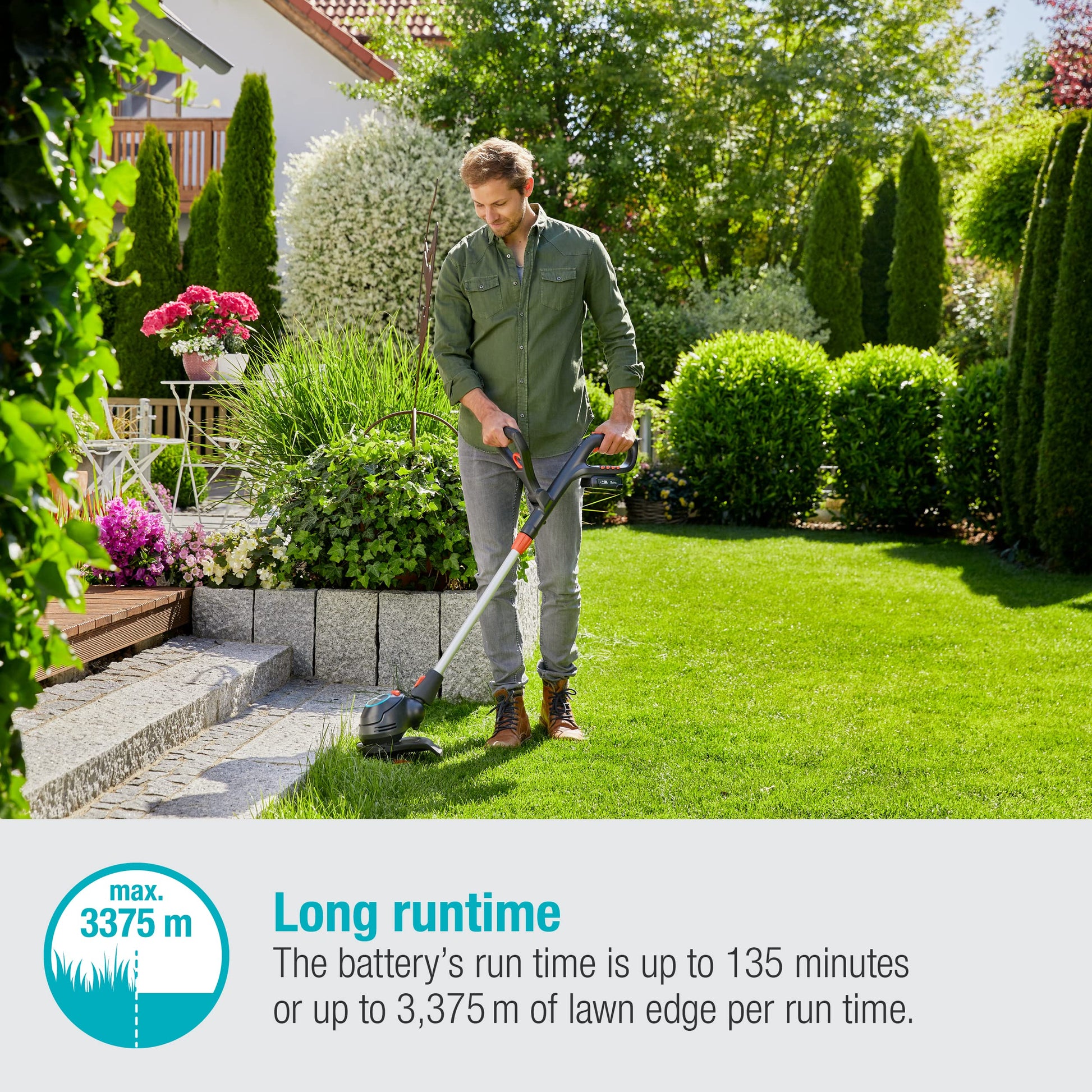 Gardena Battery Trimmer 23/18V with 230mm cutting width, part of lawn mower accessories, shown in the image