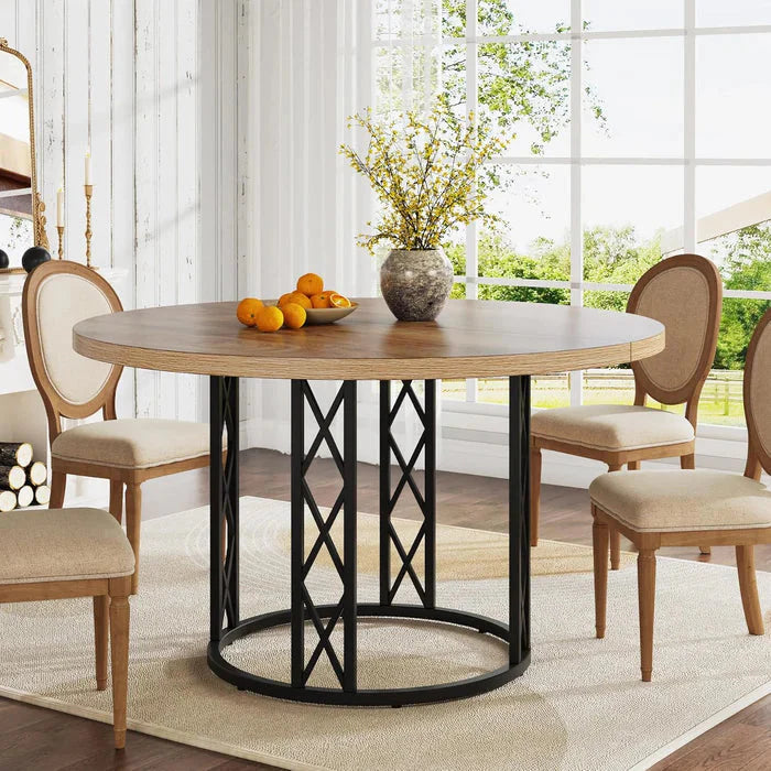 Industrial Round Dining Table with Rustic Wood Top & X-Frame Metal Base, Modern Farmhouse Kitchen Table for Dining Room