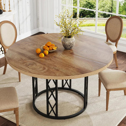 Industrial Round Dining Table with Rustic Wood Top & X-Frame Metal Base, Modern Farmhouse Kitchen Table for Dining Room