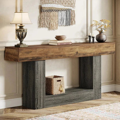 Distressed Wood Console Table 160cm - 2-Tier Sofa & Entry Table