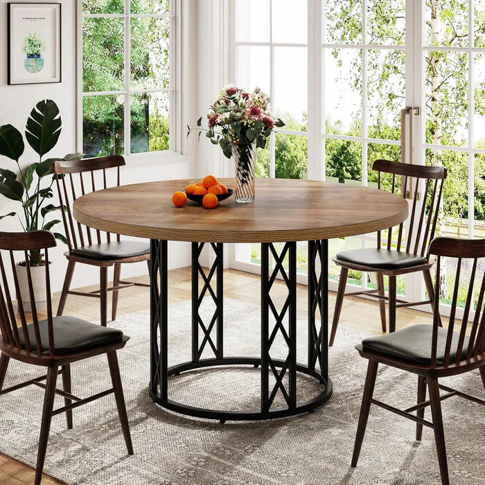 Industrial Round Dining Table with Rustic Wood Top & X-Frame Metal Base, Modern Farmhouse Kitchen Table for Dining Room