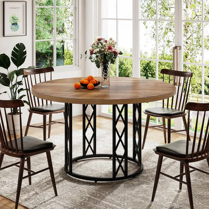Industrial Round Dining Table with Rustic Wood Top & X-Frame Metal Base, Modern Farmhouse Kitchen Table for Dining Room