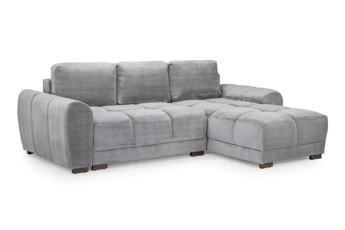 Azzuro Universal Corner Sofabed in plush velvet with convertible design and built-in storage, showcasing its modern, stylish appearance.