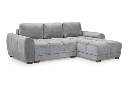 Azzuro Universal Corner Sofabed in plush velvet with convertible design and built-in storage, showcasing its modern, stylish appearance.