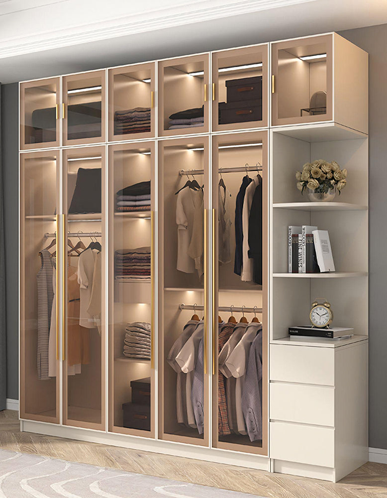 DC Concept Varela glass door wardrobe with integrated lighting, available in multiple sizes, showcasing sleek corner design and modern style.