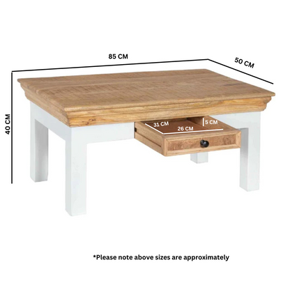 Alfie coffee table with drawer made of solid mango wood, showcasing a sleek, natural finish and modern design for home living spaces.