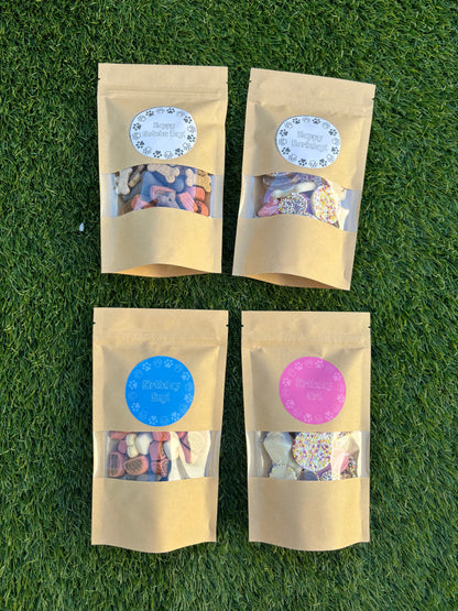 Happy Barkday Treat Pick n Mix chocolate treats by The Bonnie Hound in a 150g bag, featuring assorted dog-friendly chocolates.