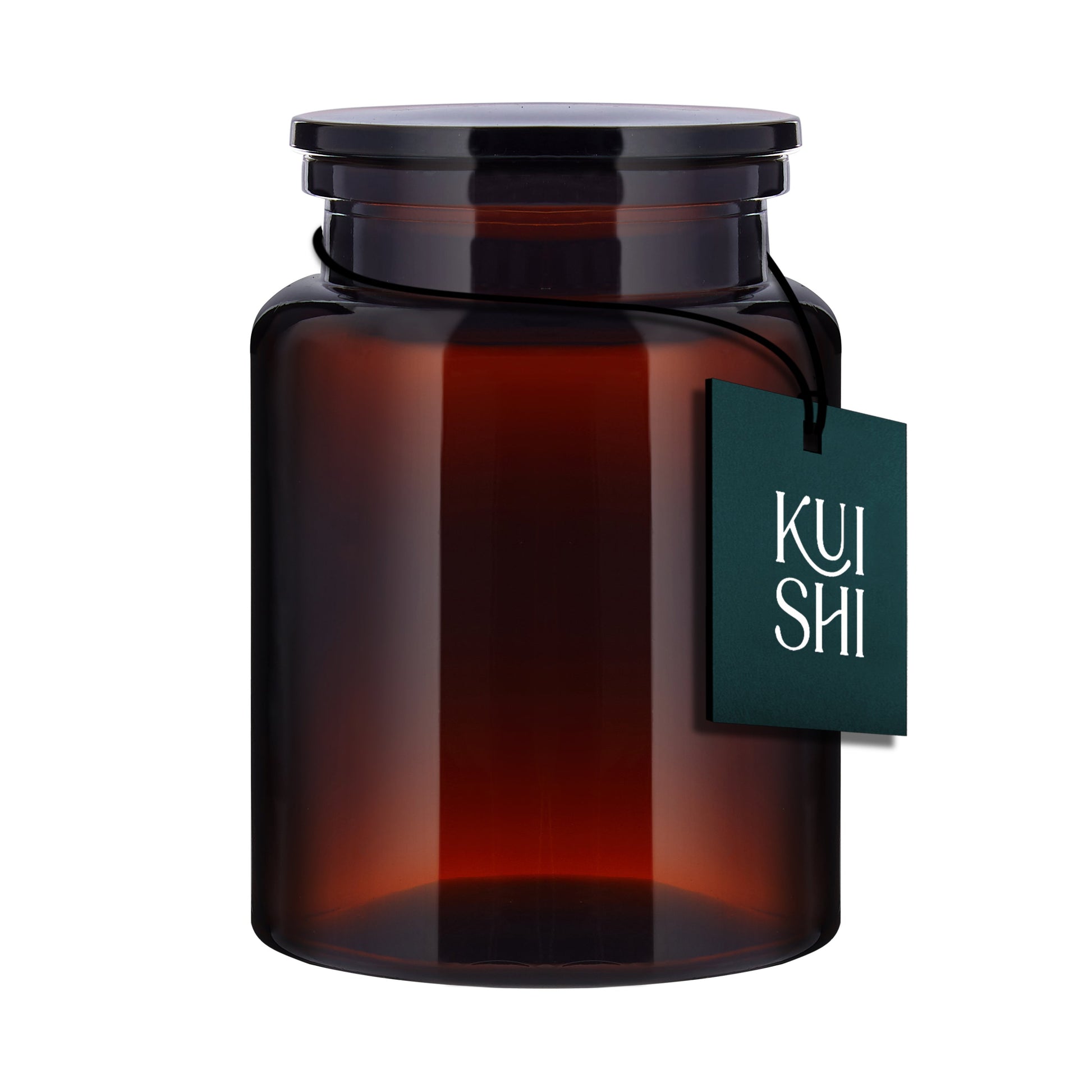 Large amber glass apothecary jar with wide mouth, ideal for bathroom decor storage by Kuishi.